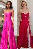Hot Pink A-Line Strapless Keyhole Pleated Prom Dress with Slit