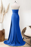 Glitter Royal Blue Strapless Mermaid Long Prom Dress with Slit