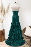 Emerald Green Mermaid Strapless Corset Tiered Prom Dress