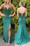 Navy Blue Mermaid Spaghetti Straps V-Neck Appliques Long Prom Dress with Slit