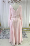 Pink A Line Chiffon Long Sleeves Mother of The Bride Dress