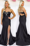 Black Mermaid Strapless Sweetheart Bows Prom Dress with Slit