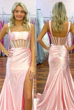 Pink Mermaid Square Neck Pleated Long Prom Dress with Slit