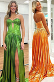 Purple A-Line Strapless Keyhole Pleated Metallic Prom Dress with Slit