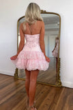 Sparkly Pink Lace Strapless Ruffled Tiered Homecoming Dress To Impress