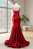 Red Mermaid Spaghetti Straps Corset Long Prom Dress with Slit