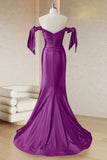 Purple Mermaid Off The Shoulder Ruched Corset Long Prom Dress with Slit