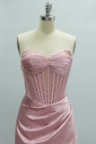 Pink Mermaid Strapless Satin Long Prom Dress with Slit