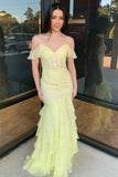 Yellow Mermaid Ruffles Cold Shoulder V-Neck Long Prom Dress with Appliques