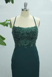 Dark Green Mermaid Spaghetti Straps Satin Long Prom Dress with Slit