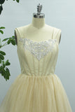 Champagne A Line Tulle Spaghetti Straps Long Prom Dress