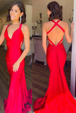 Red Mermaid Plunging V-Neck Open Back Long Prom Dress