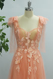 Coral A Line Tulle Spaghetti Straps Sweetheart Prom Dress with Slit