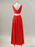 Red A-Line V Neck Pleated Chiffon Hollow Out Knee Length Bridesmaid Dress