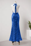Glitter Royal Blue Mermaid Halter Open Back Long Prom Dress with Sequins