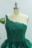 Dark Green A Line One Shoulder Short Homecoming Dress with Appliques Beading
