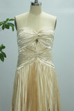 Champagne A Line Long Strapless Satin Chest Wrap Prom Dress with Slit