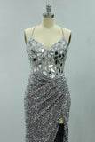 Grey Spaghetti Straps Sequin Mermaid Prom Dress with Slit