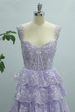 Lilac Princess A Line Sweetheart Tiered Sequin Tulle Prom Dress With Slit