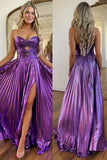 Green A Line Strapless Metallic Keyhole Pleated Prom Dress with Slit