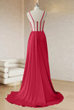 Red Mermaid Spaghetti Straps Pleated Corset Long Prom Dress with Slit