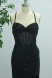 Black Mermaid Sparkly Spaghetti Straps Long Prom Dress with Slit