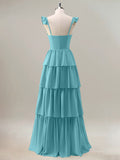 Sky Blue A Line Corset Tiered Ruched Long Bridesmaid Dress with Slit