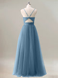 Dark Blue A Line Spaghetti Straps Ruched Floor Length Bridesmaid Dress
