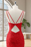 Red Mermaid Spaghetti Straps Sequin Long Prom Dress with Appliques