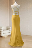 Yellow Mermaid Spaghetti Straps Ruched Long Prom Dress