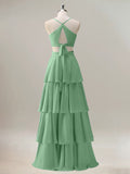 Green A Line V Neck Tiered Long Bridesmaid Dress with Lace Up Back