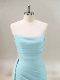 Sky Blue Mermaid Strapless Ruched Long Bridesmaid Dress with Slit