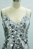 Silver Mermaid Spaghetti Straps Sequin Short V-Neck Homecoming Dress
