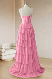 Pink A-Line Strapless Corset Ruffle Tiered Long Prom Dress with Slit