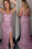 Glitter Green Mermaid V Neck Long Prom Dress with Slit