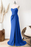 Glitter Royal Blue Strapless Mermaid Long Prom Dress with Slit
