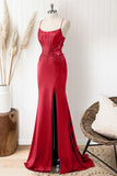 Red Mermaid Corset Spaghetti Straps Long Prom Dress with Appliques