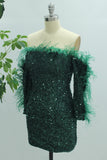 Sparkly Dark Green Mermaid Strapless Short Homecoming Dress with Feather