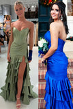 Green Mermaid Strapless V-Neck Pleated Satin Tiered Long Prom Dress with Slit