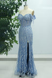 Purple Mermaid Sparkly Off The Shoulder Long Prom Dress with Slit