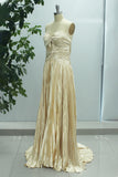 Champagne A Line Long Strapless Satin Chest Wrap Prom Dress with Slit