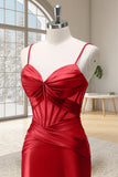 Red Mermaid Spaghetti Straps Corset Long Prom Dress with Slit