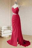 Red Mermaid Spaghetti Straps Pleated Corset Long Prom Dress with Slit