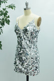 Silver Mermaid Spaghetti Straps Sequin Short V-Neck Homecoming Dress