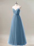 Dark Blue A Line Spaghetti Straps Ruched Floor Length Bridesmaid Dress