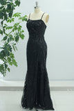 Sparkly Black Mermaid Spaghetti Straps Long Prom Dress with Slit