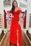 Yellow Mermaid Ruffles Cold Shoulder V-Neck Long Prom Dress with Appliques
