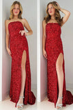 Red Mermaid Sequin Strapless Backless Long Prom Dress with High Slit