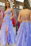 Lavender A Line V-Neck Sequined Appliques Long Prom Dress with Slit