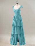 Sky Blue A Line Corset Tiered Ruched Long Bridesmaid Dress with Slit